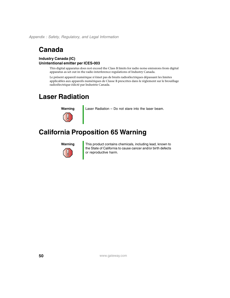 Canada, Laser radiation california proposition 65 warning | Gateway 210 User Manual | Page 54 / 58