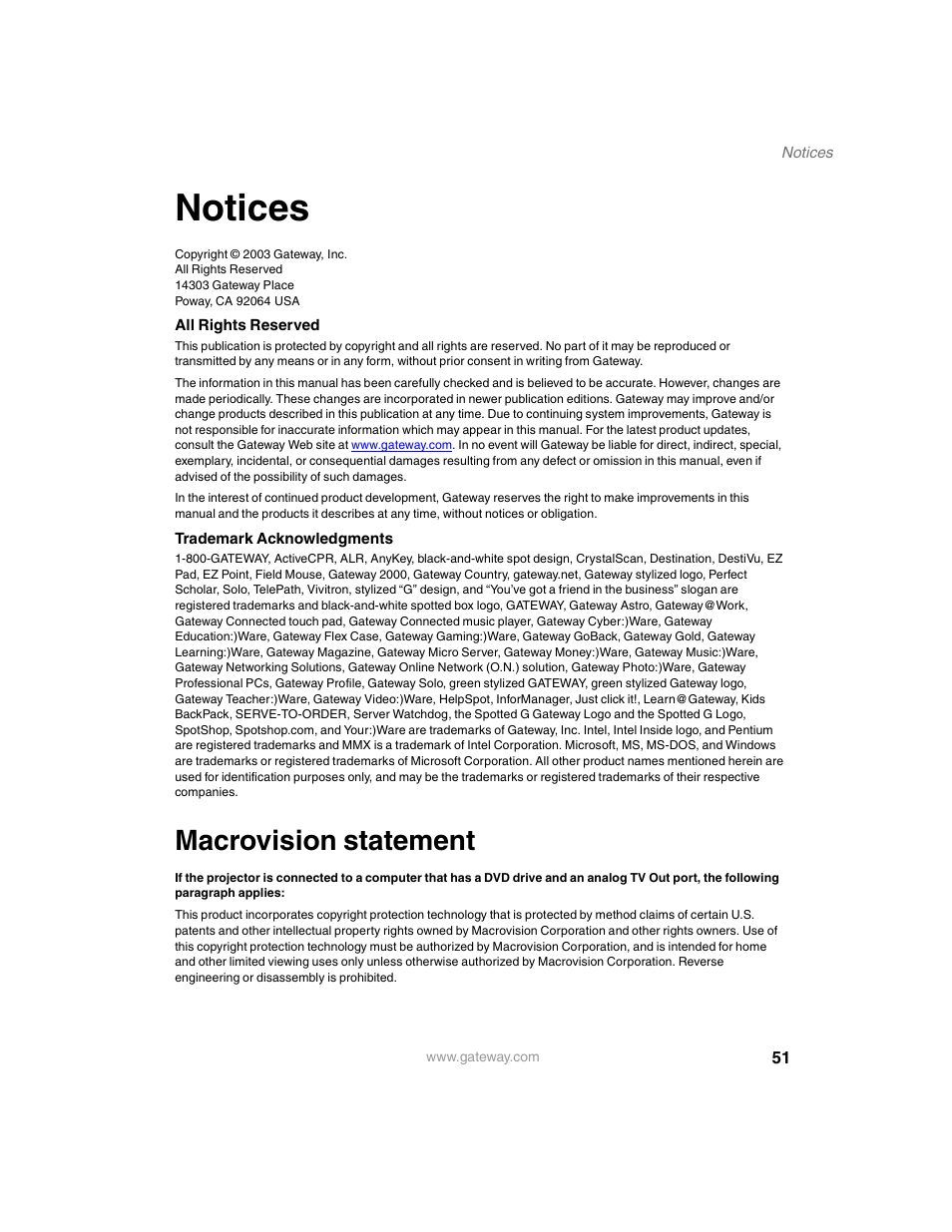 Notices, Macrovision statement | Gateway 210 User Manual | Page 55 / 58