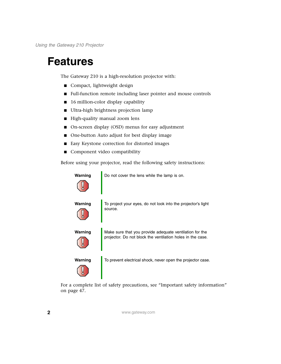 Features | Gateway 210 User Manual | Page 6 / 58