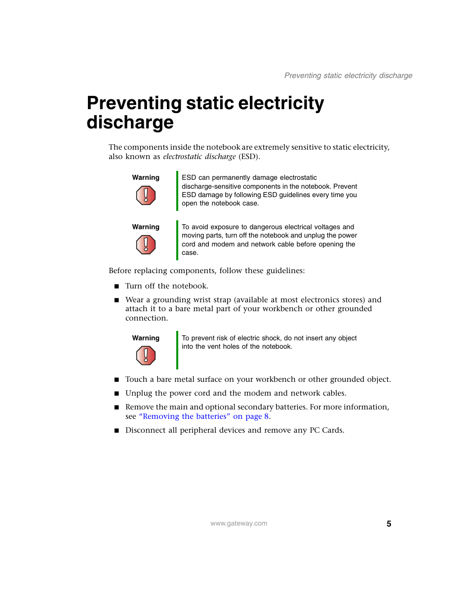 Preventing static electricity discharge | Gateway 600YG2 User Manual | Page 10 / 103