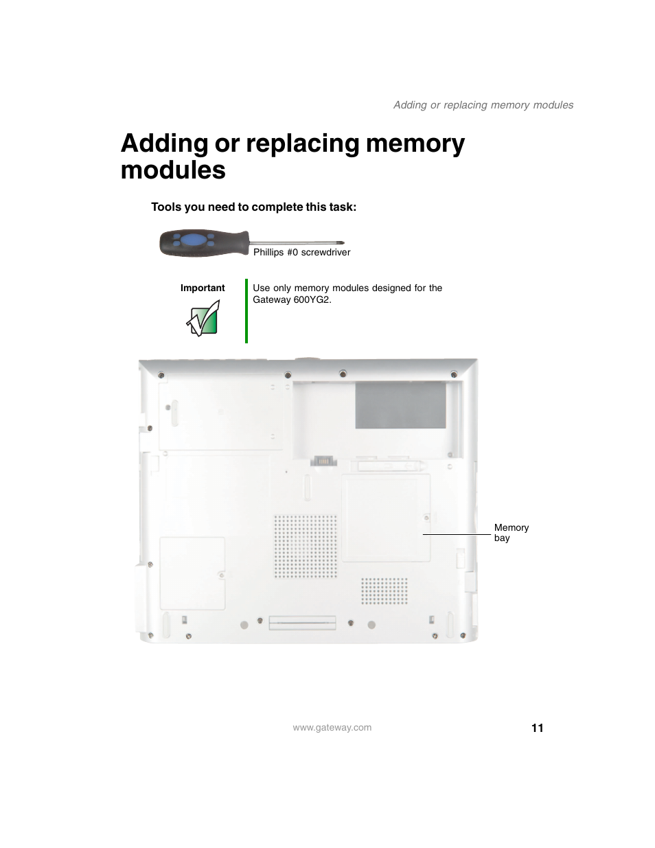 Adding or replacing memory modules | Gateway 600YG2 User Manual | Page 16 / 103