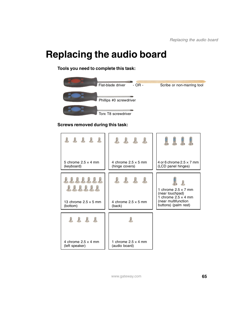 Replacing the audio board | Gateway 600YG2 User Manual | Page 70 / 103