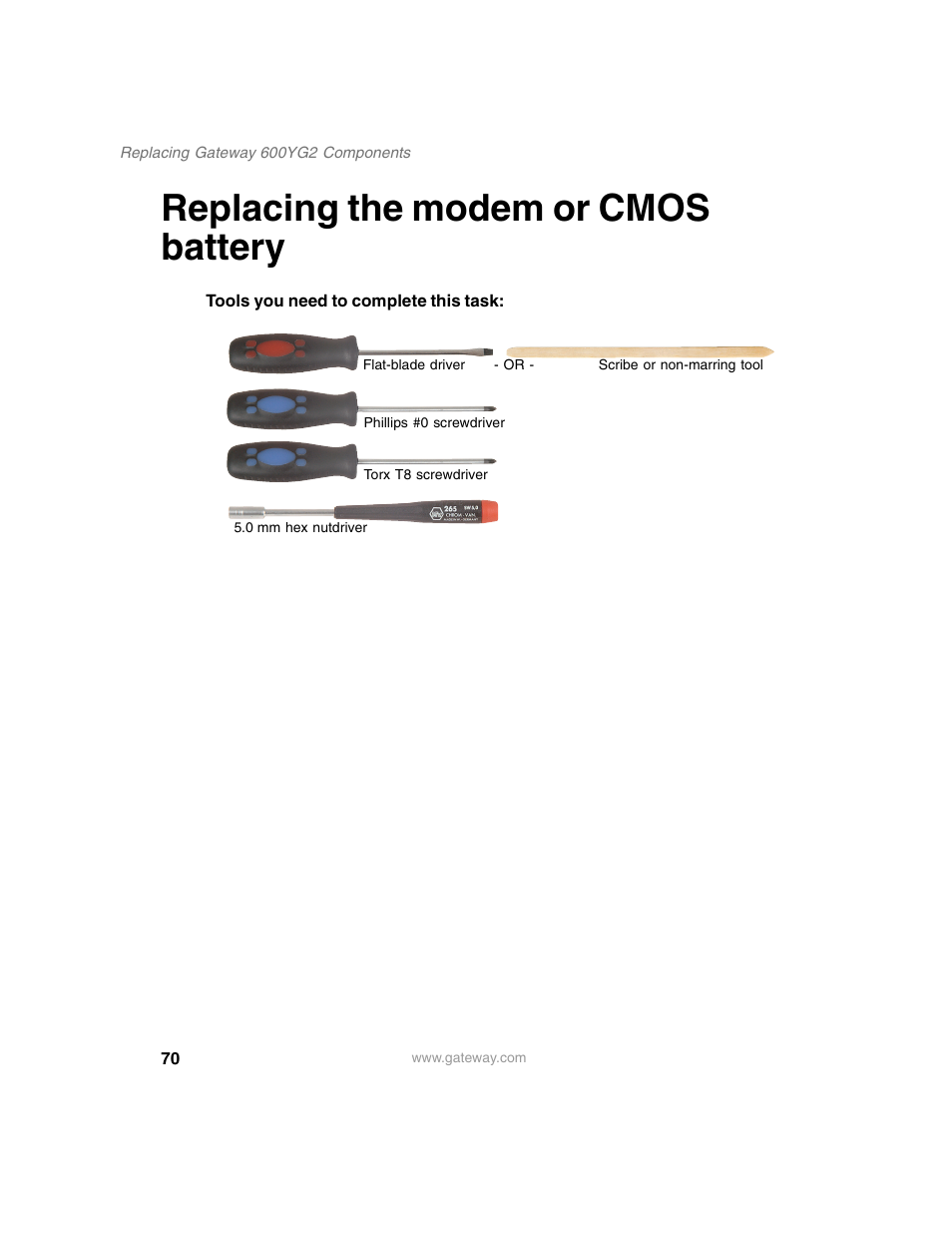 Replacing the modem or cmos battery | Gateway 600YG2 User Manual | Page 75 / 103