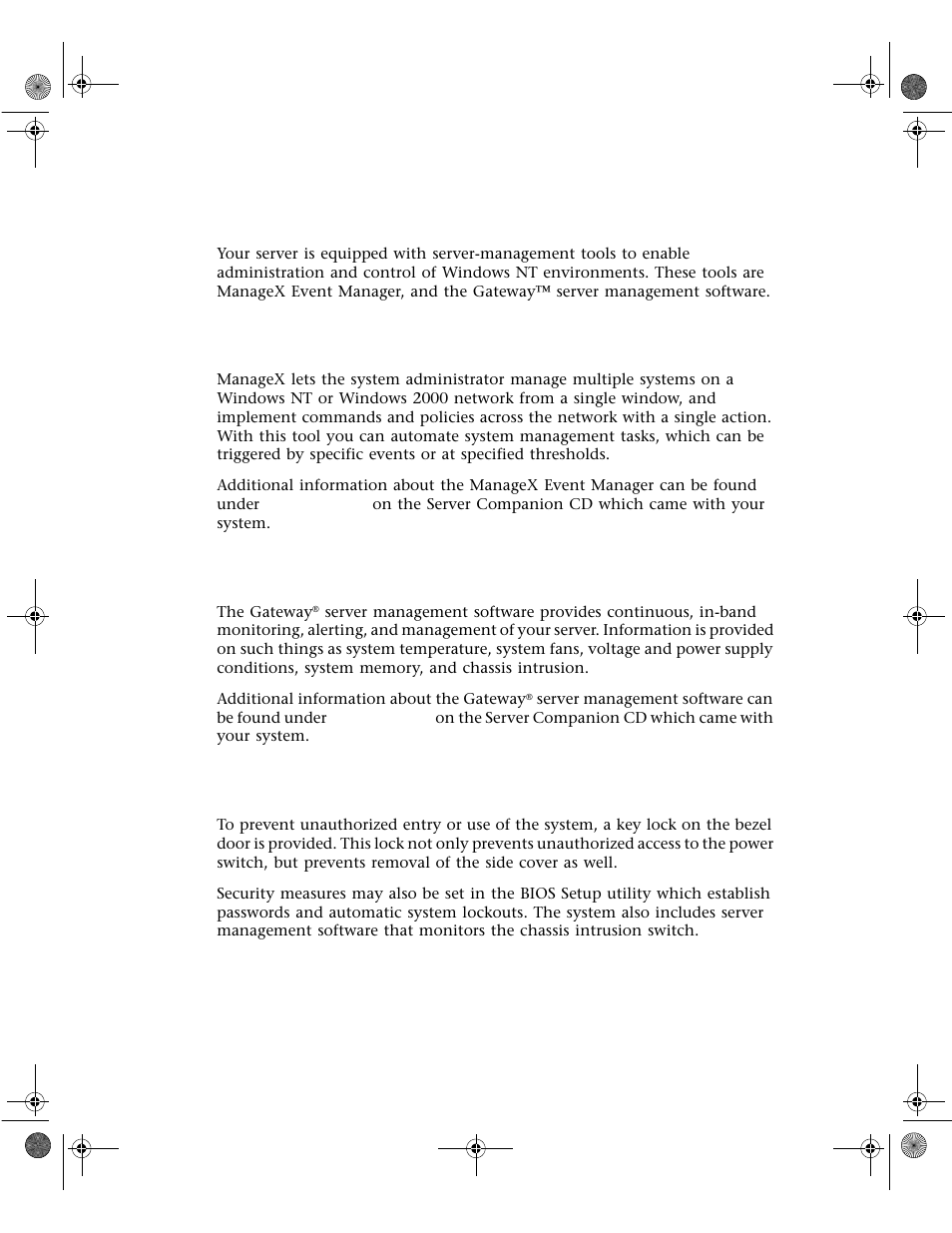 System administration and control, Managex event manager, Gateway® server management software | System security, Gateway, Server management software | Gateway 7400 User Manual | Page 106 / 156
