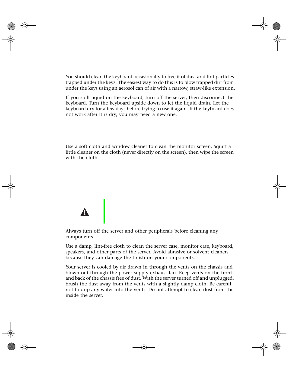 Cleaning the keyboard, Cleaning the monitor screen, Cleaning the server and monitor cases | Gateway 7400 User Manual | Page 112 / 156