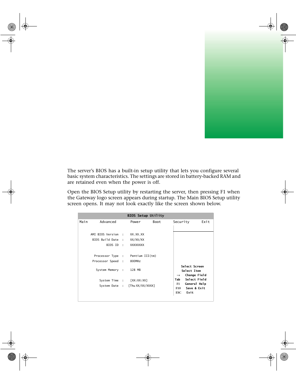 Using the bios setup utility, About the bios setup utility, Bios setup utility | Main advanced power boot security exit | Gateway 7400 User Manual | Page 93 / 156