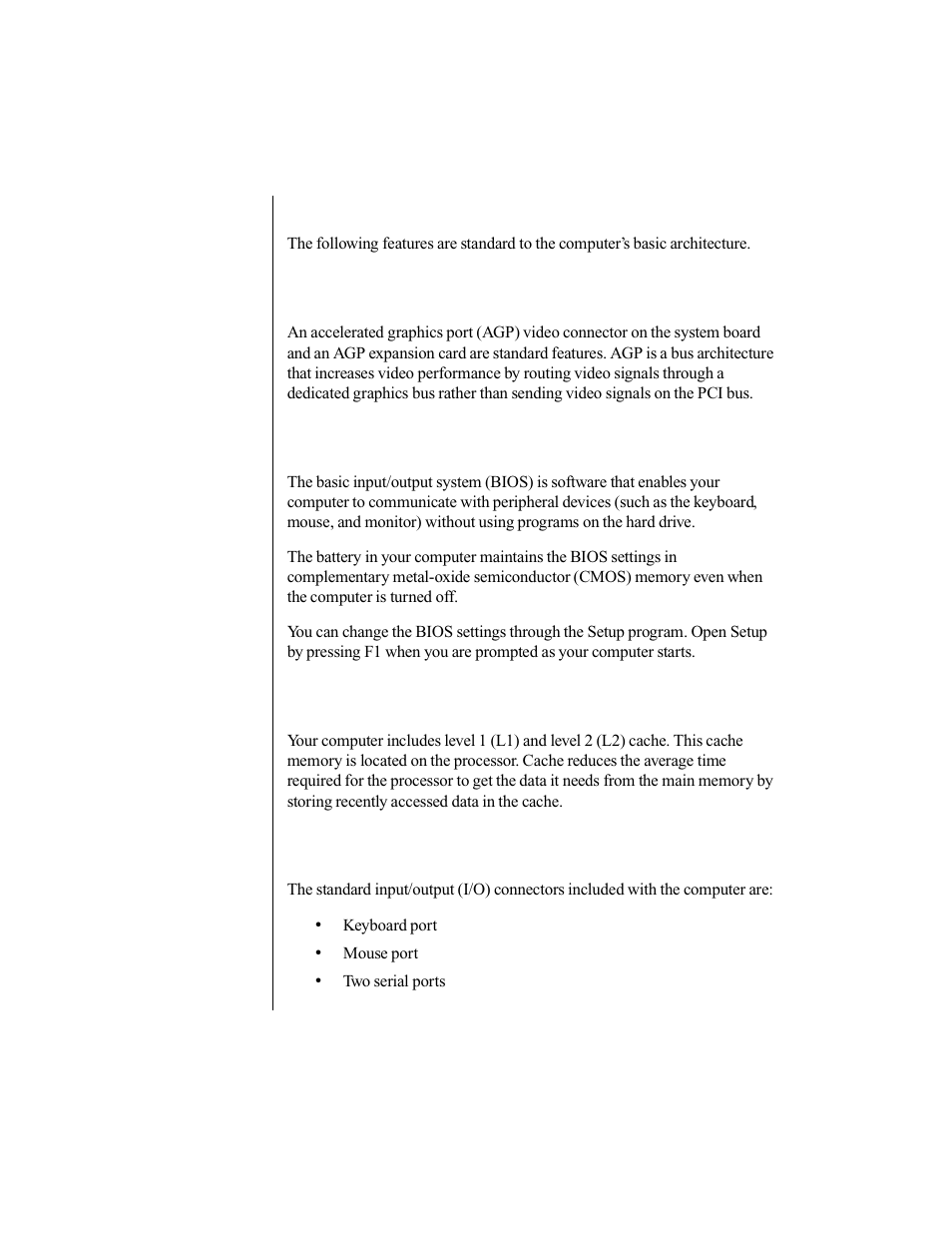 Computer features, Agp video, Bios | Cache memory, Connectors, Agp video bios cache memory connectors | Gateway E-5250 User Manual | Page 19 / 46