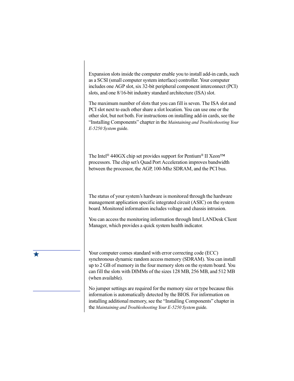 Expansion slots, Intel 440gx chip set, Manageability | Memory | Gateway E-5250 User Manual | Page 21 / 46