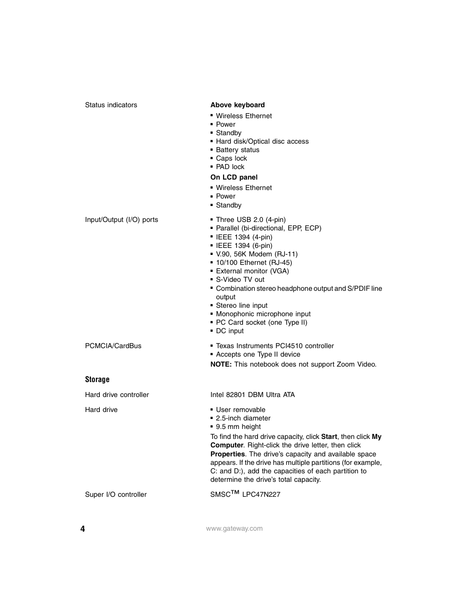 Storage | Gateway M505 User Manual | Page 4 / 6
