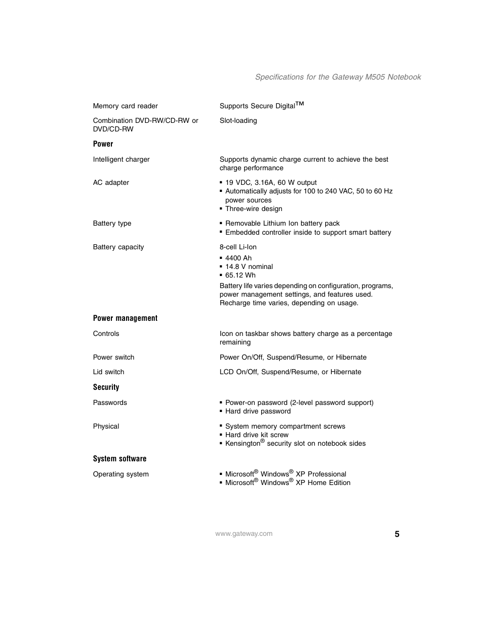 Power management, Security, System software | Gateway M505 User Manual | Page 5 / 6