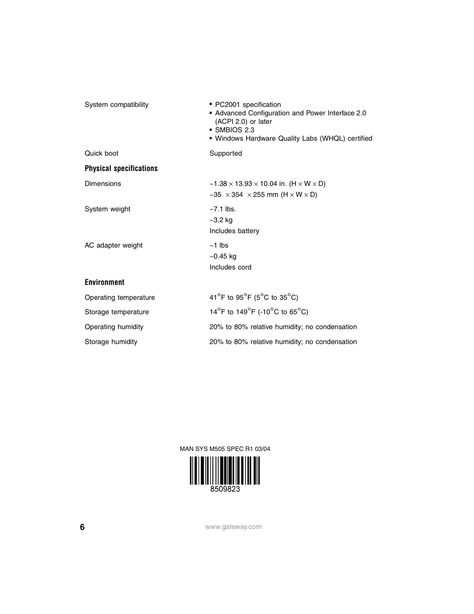 Physical specifications, Environment | Gateway M505 User Manual | Page 6 / 6