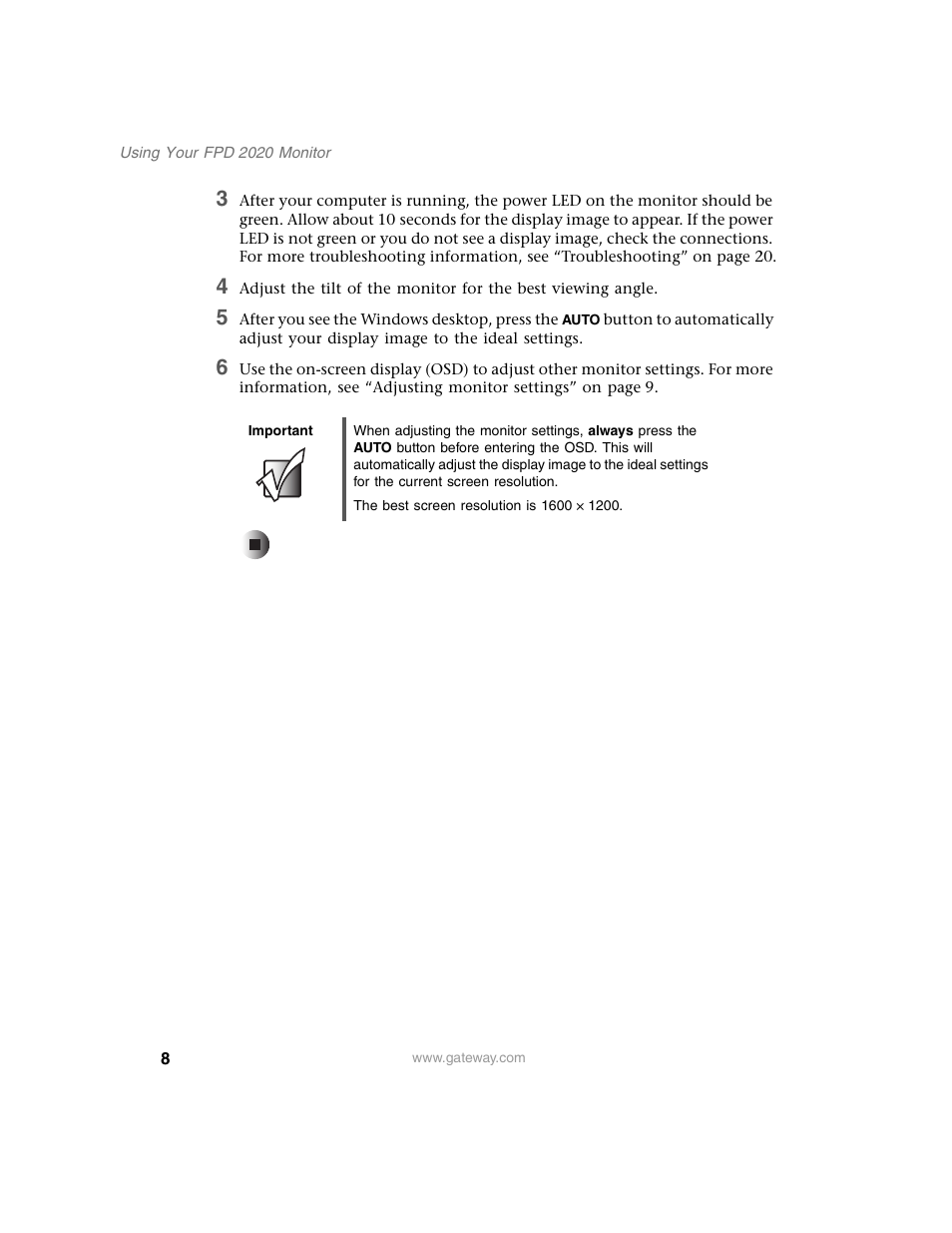 Important | Gateway FPD 2020 User Manual | Page 12 / 36