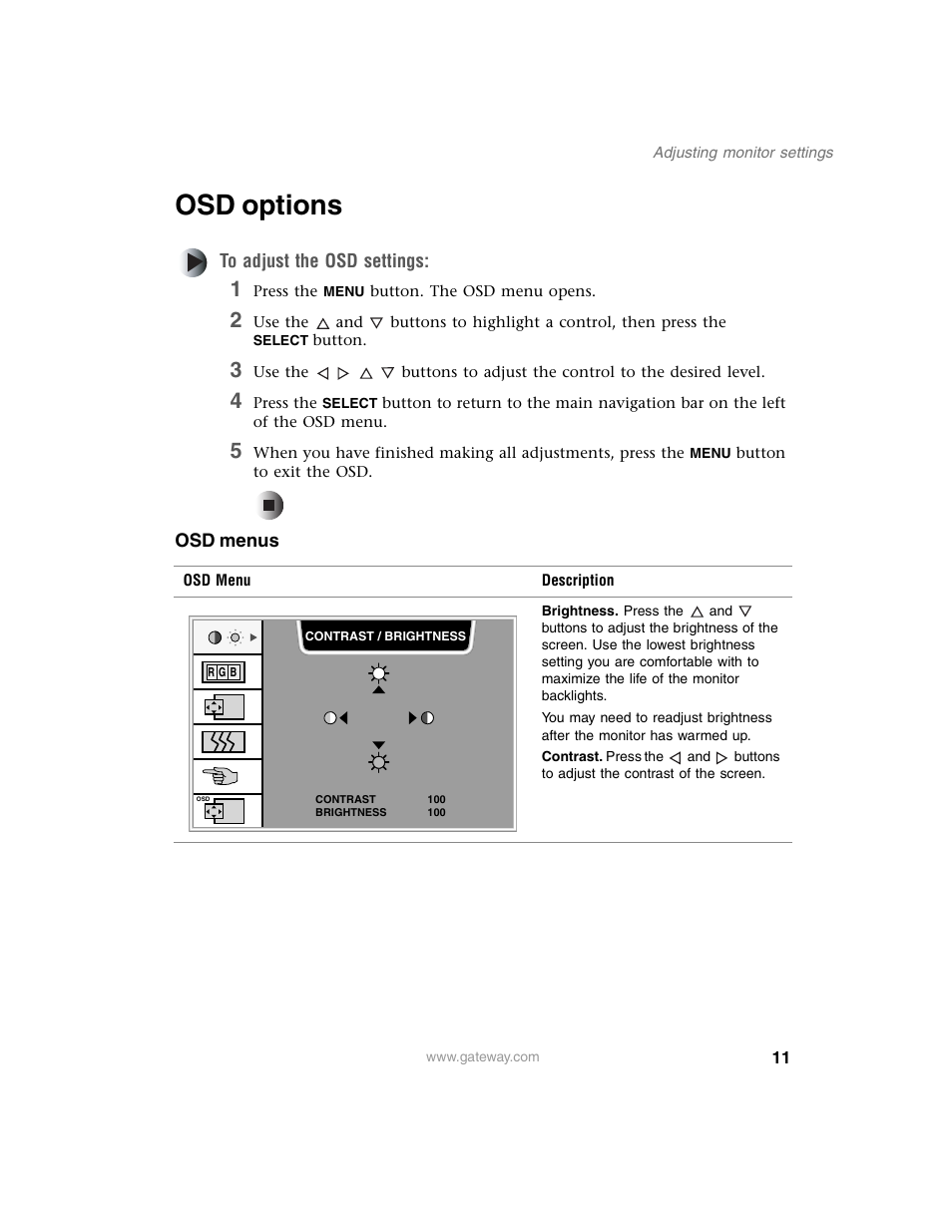 Osd options, To adjust the osd settings, 1 press the menu button. the osd menu opens | Osd menus | Gateway FPD 2020 User Manual | Page 15 / 36