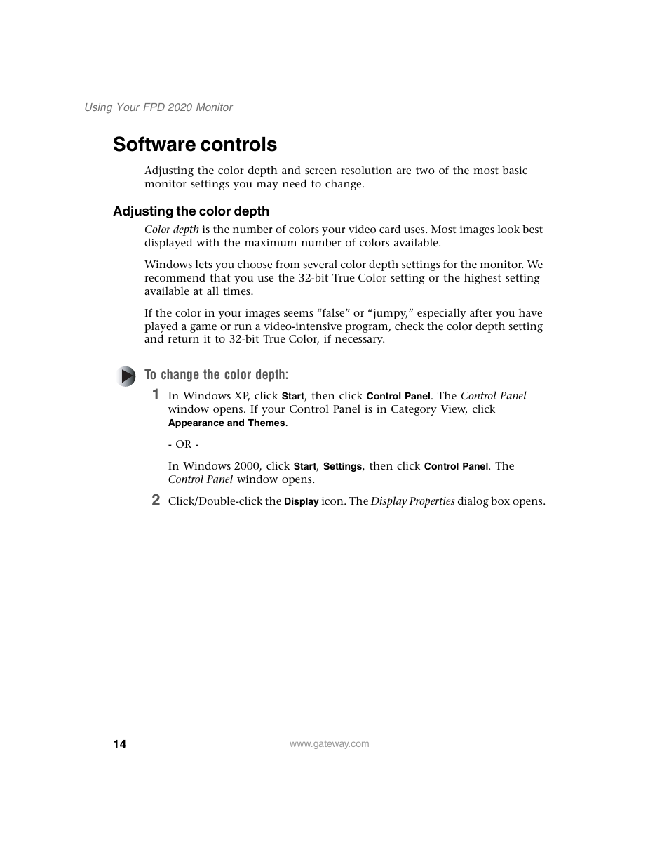 Software controls, Adjusting the color depth, To change the color depth | Gateway FPD 2020 User Manual | Page 18 / 36