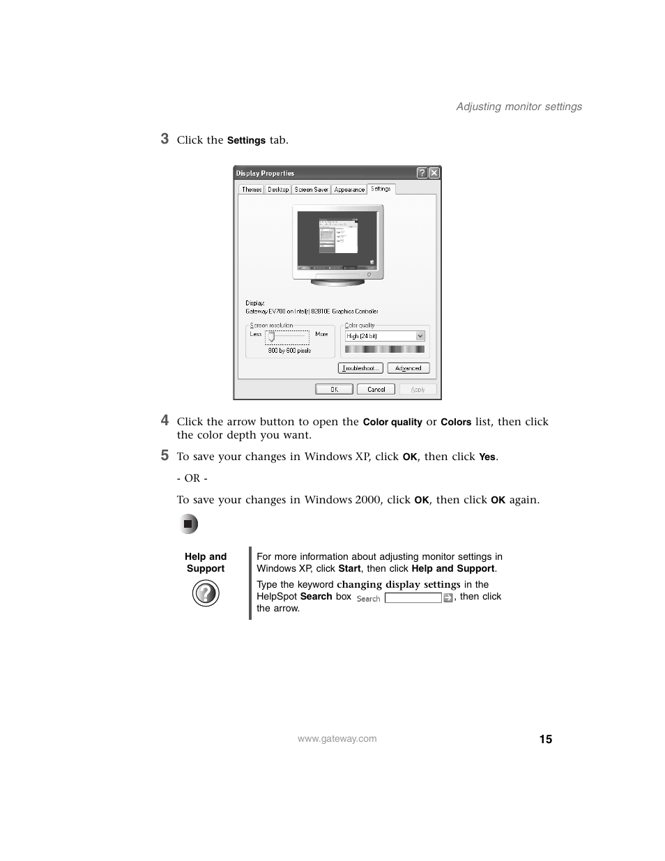 3 click the settings tab, Help and support | Gateway FPD 2020 User Manual | Page 19 / 36