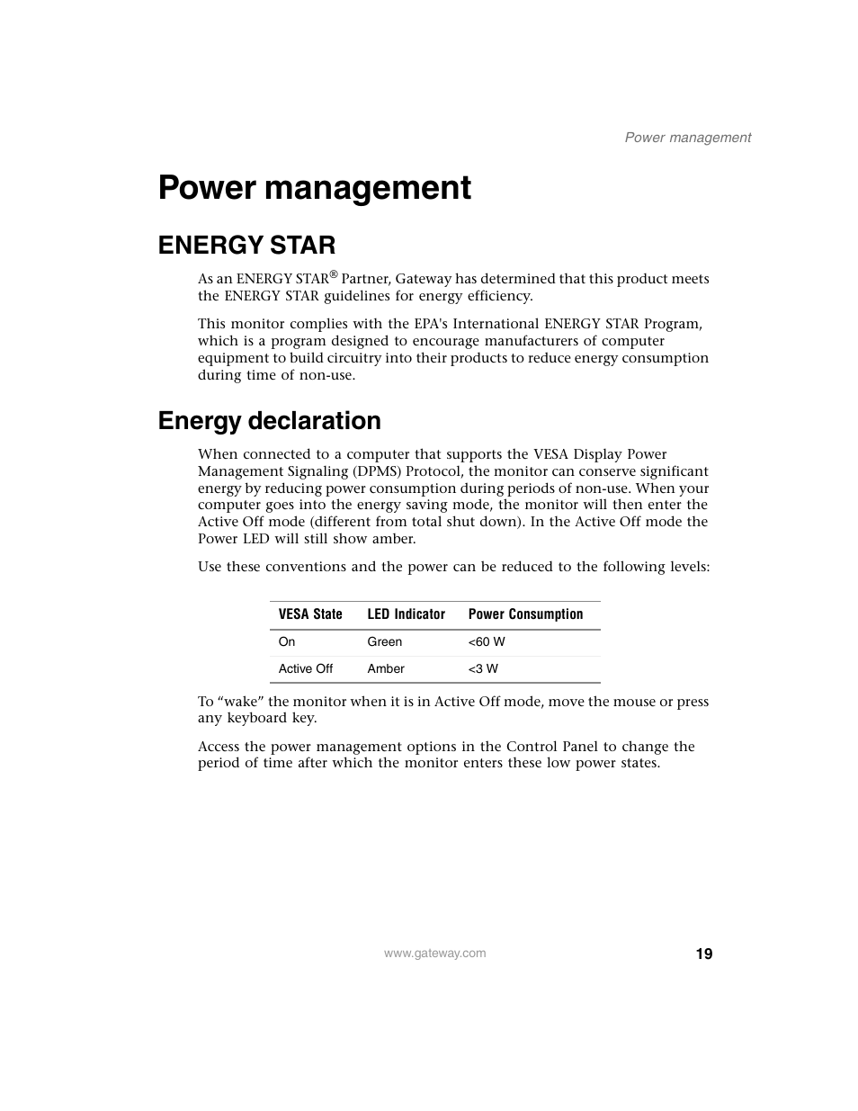 Power management, Energy star, Energy declaration | Energy star energy declaration | Gateway FPD 2020 User Manual | Page 23 / 36