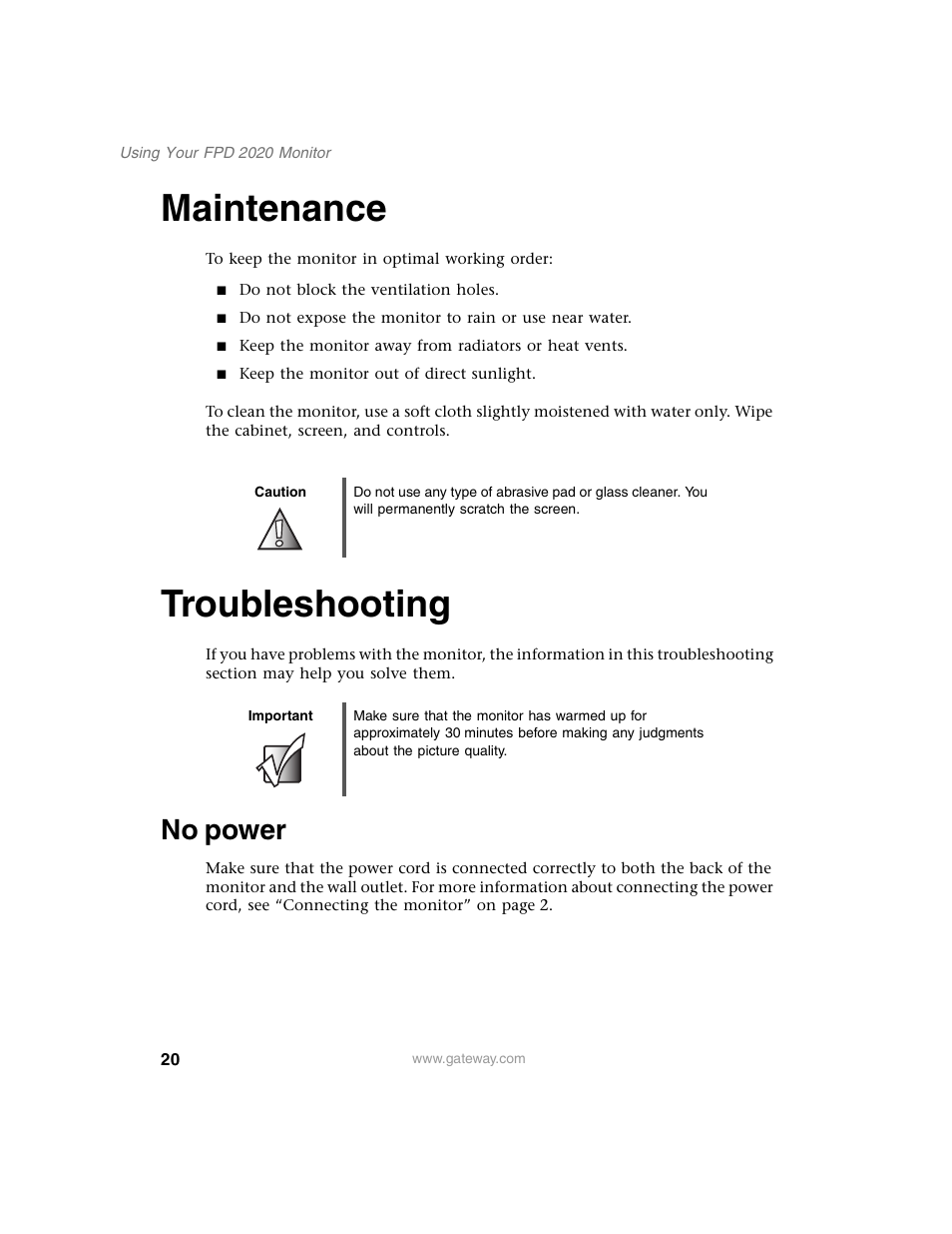 Maintenance, Caution, Troubleshooting | Important, No power, Maintenance troubleshooting | Gateway FPD 2020 User Manual | Page 24 / 36
