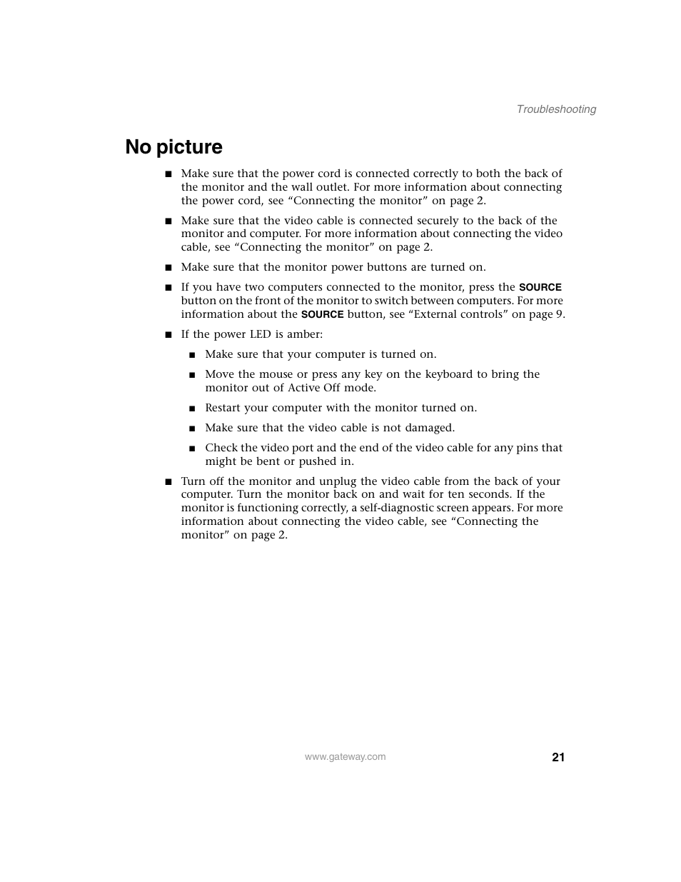 No picture, Make sure that your computer is turned on, Restart your computer with the monitor turned on | Make sure that the video cable is not damaged | Gateway FPD 2020 User Manual | Page 25 / 36
