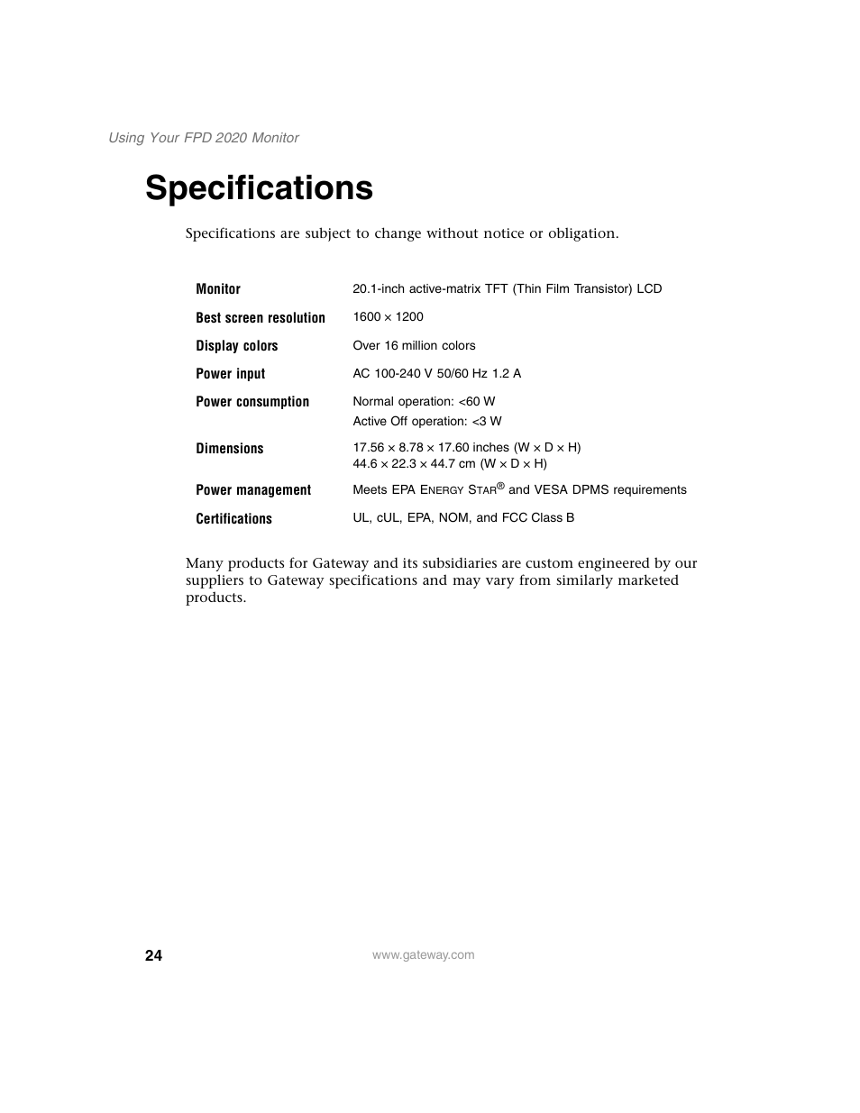 Specifications | Gateway FPD 2020 User Manual | Page 28 / 36