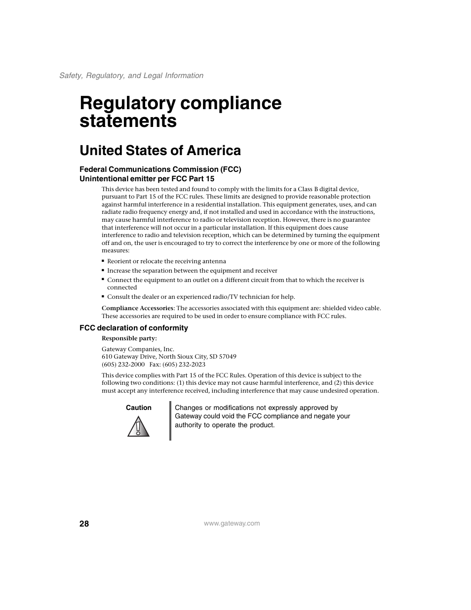 Regulatory compliance statements, United states of america, Fcc declaration of conformity | Caution | Gateway FPD 2020 User Manual | Page 32 / 36