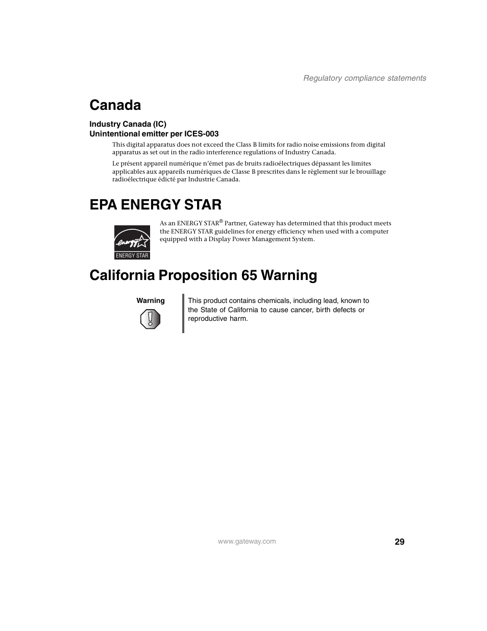 Canada, Epa energy star, California proposition65 warning | Warning, California proposition 65 warning | Gateway FPD 2020 User Manual | Page 33 / 36