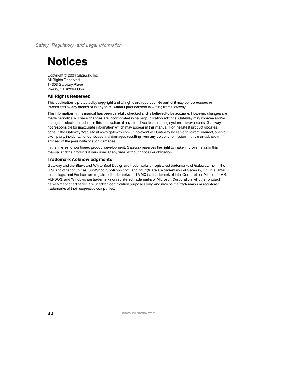 Notices, All rights reserved, Trademark acknowledgments | Gateway FPD 2020 User Manual | Page 34 / 36