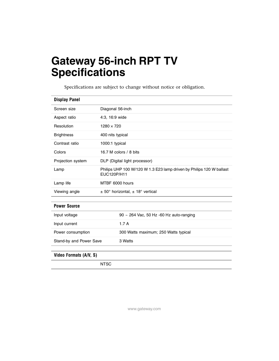 Gateway RPT TV User Manual | 6 pages