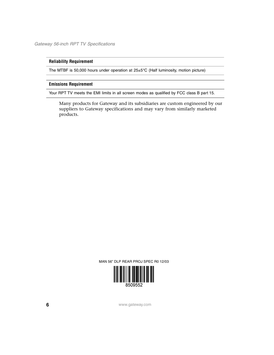 Man 56” dlp rear proj spec r0 12/03 | Gateway RPT TV User Manual | Page 6 / 6