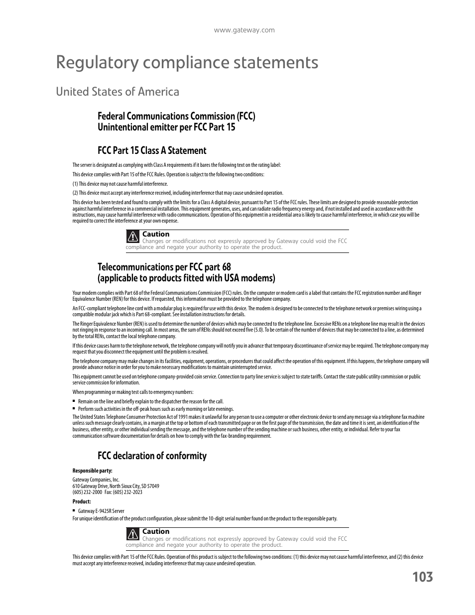 Regulatory compliance statements, United states of america, Fcc declaration of conformity | Gateway E-9425R User Manual | Page 109 / 118