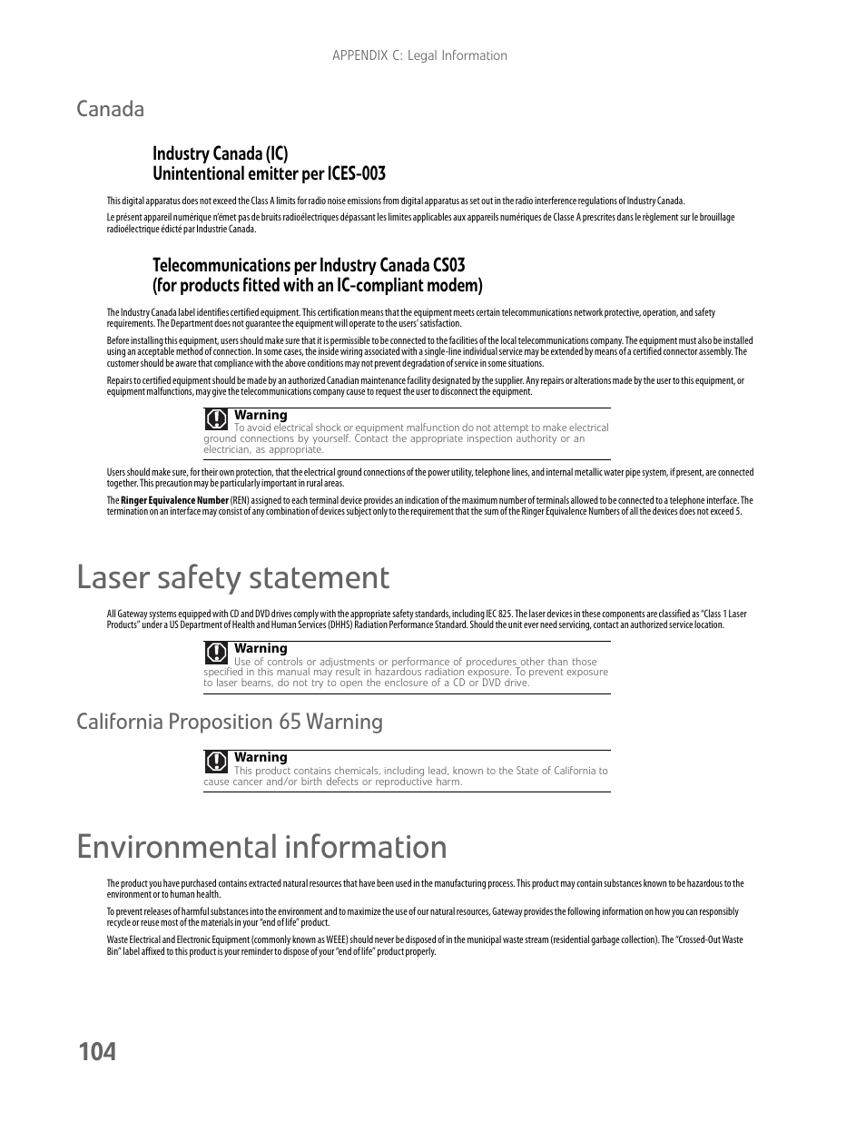 Laser safety statement, Environmental information, Canada | California proposition 65 warning | Gateway E-9425R User Manual | Page 110 / 118