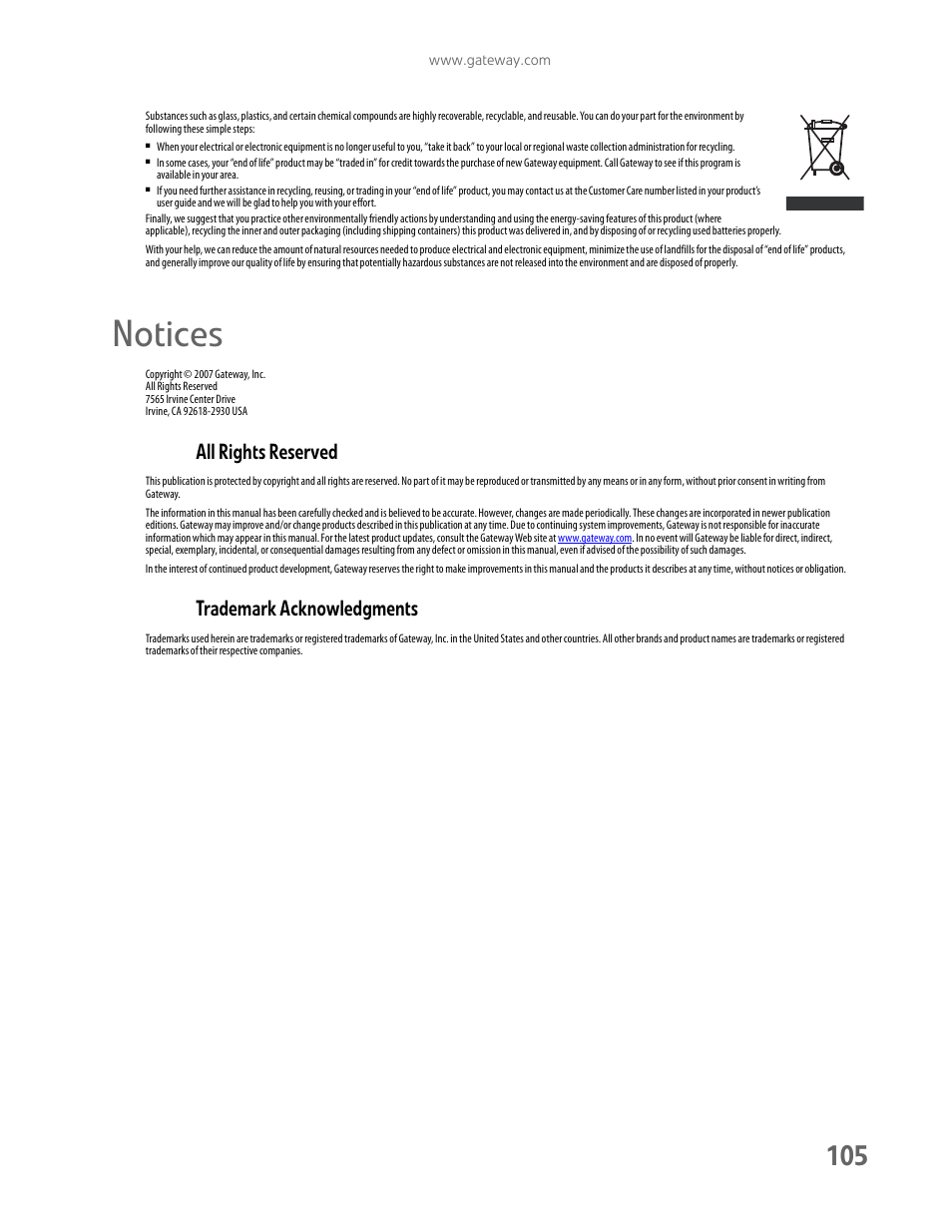 Notices, All rights reserved, Trademark acknowledgments | Gateway E-9425R User Manual | Page 111 / 118