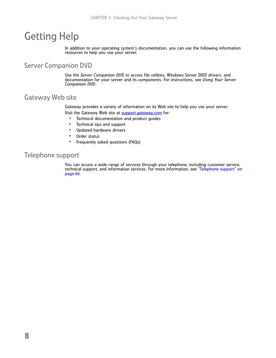 Getting help, Server companion dvd, Gateway web site | Telephone support | Gateway E-9425R User Manual | Page 14 / 118