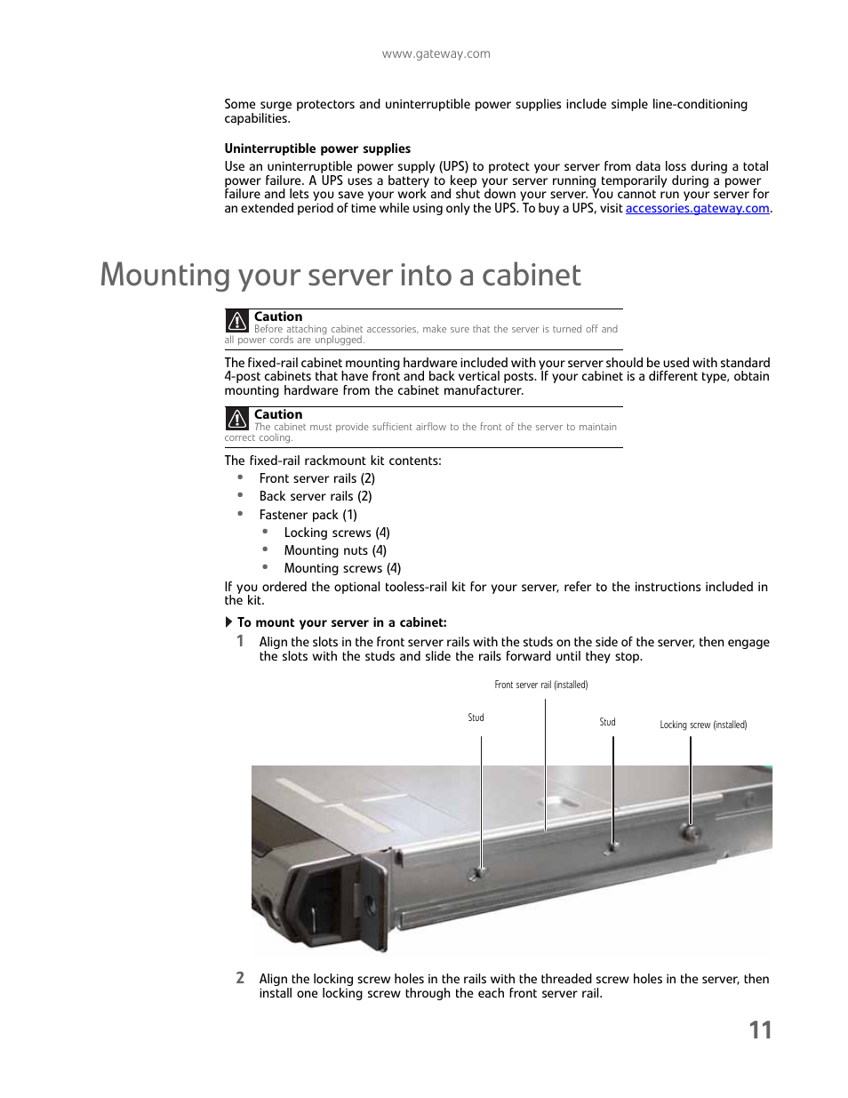 Mounting your server into a cabinet | Gateway E-9425R User Manual | Page 17 / 118