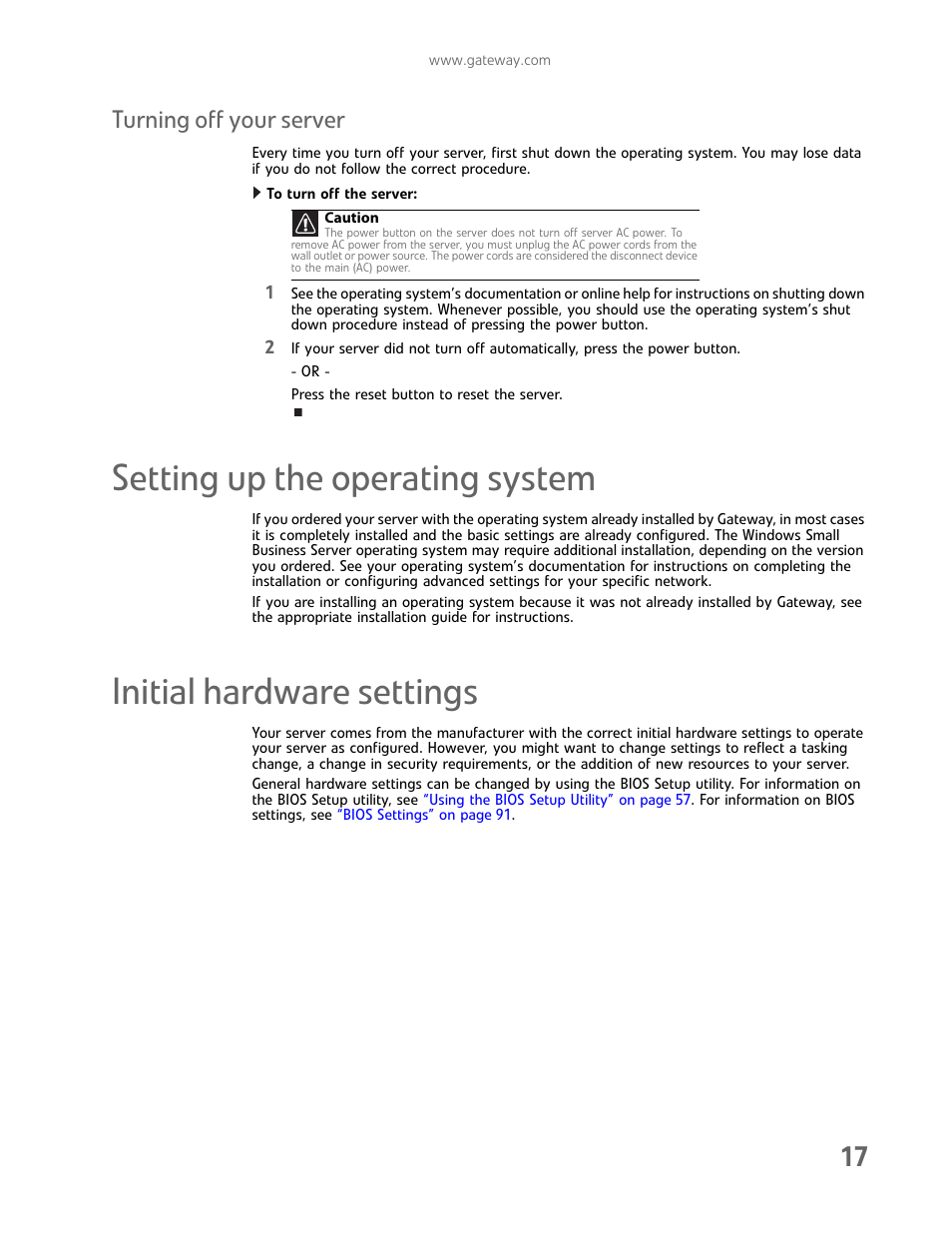 Turning off your server, Setting up the operating system, Initial hardware settings | Gateway E-9425R User Manual | Page 23 / 118