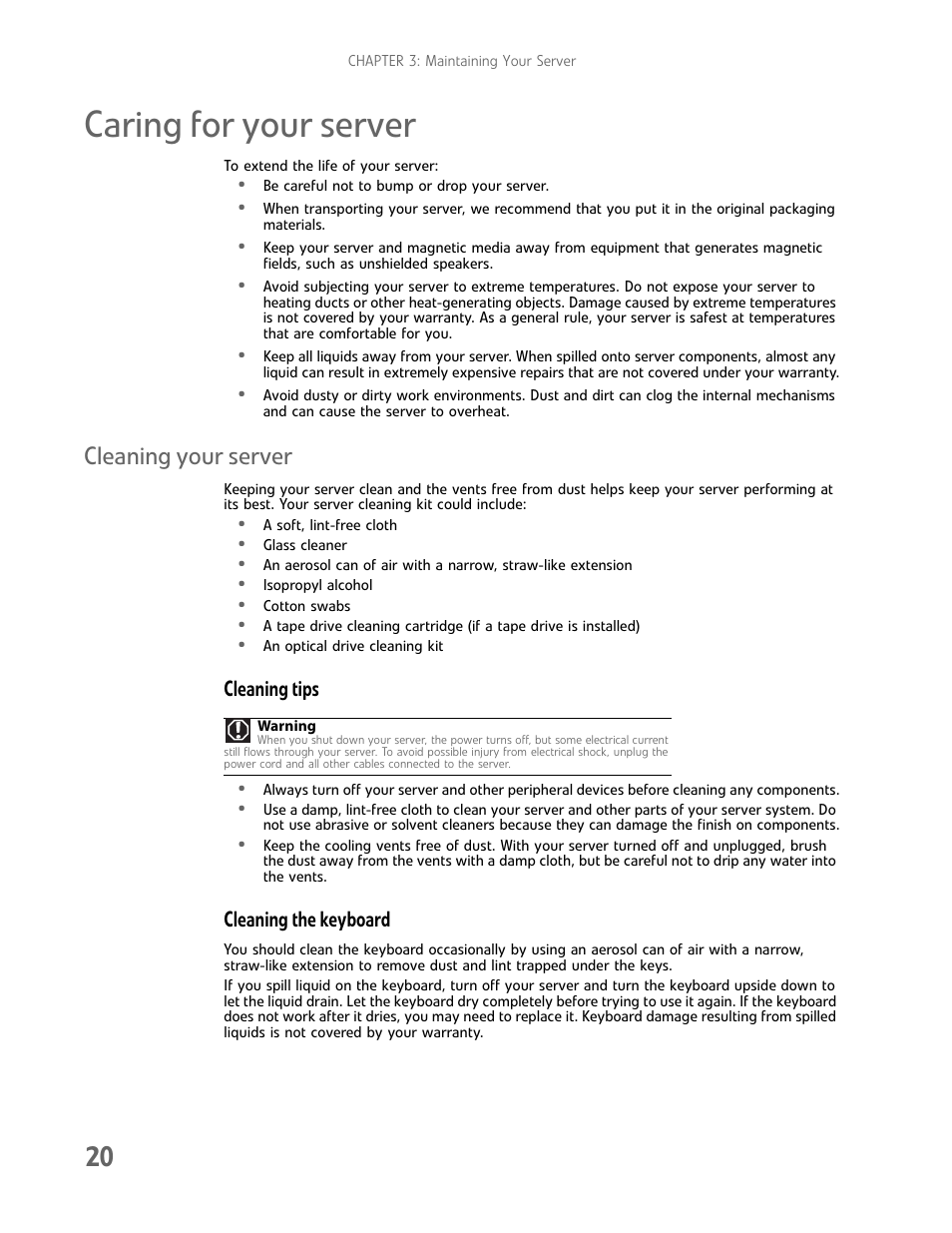 Caring for your server, Cleaning your server, Cleaning tips | Cleaning the keyboard | Gateway E-9425R User Manual | Page 26 / 118