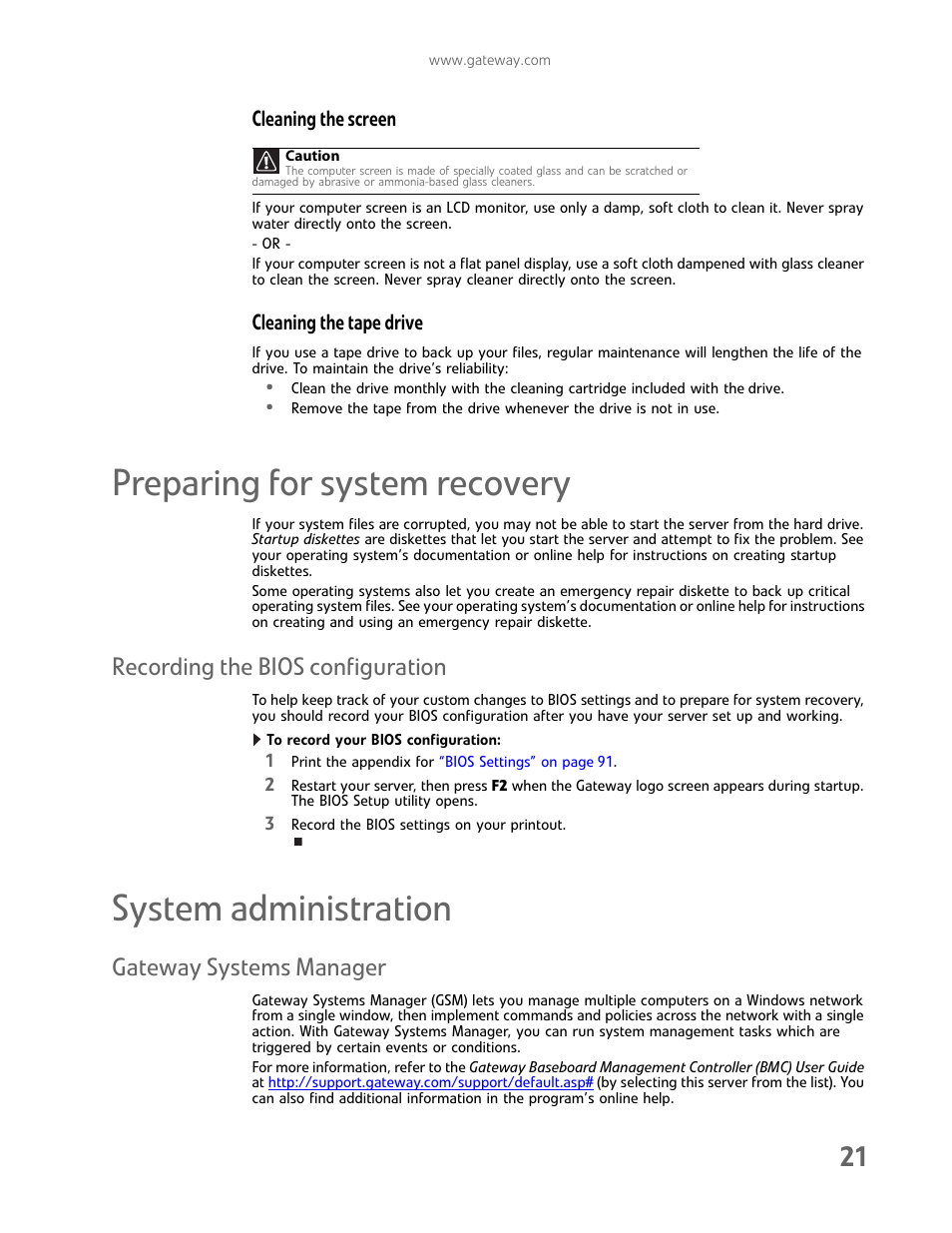 Cleaning the screen, Cleaning the tape drive, Preparing for system recovery | Recording the bios configuration, System administration, Gateway systems manager | Gateway E-9425R User Manual | Page 27 / 118