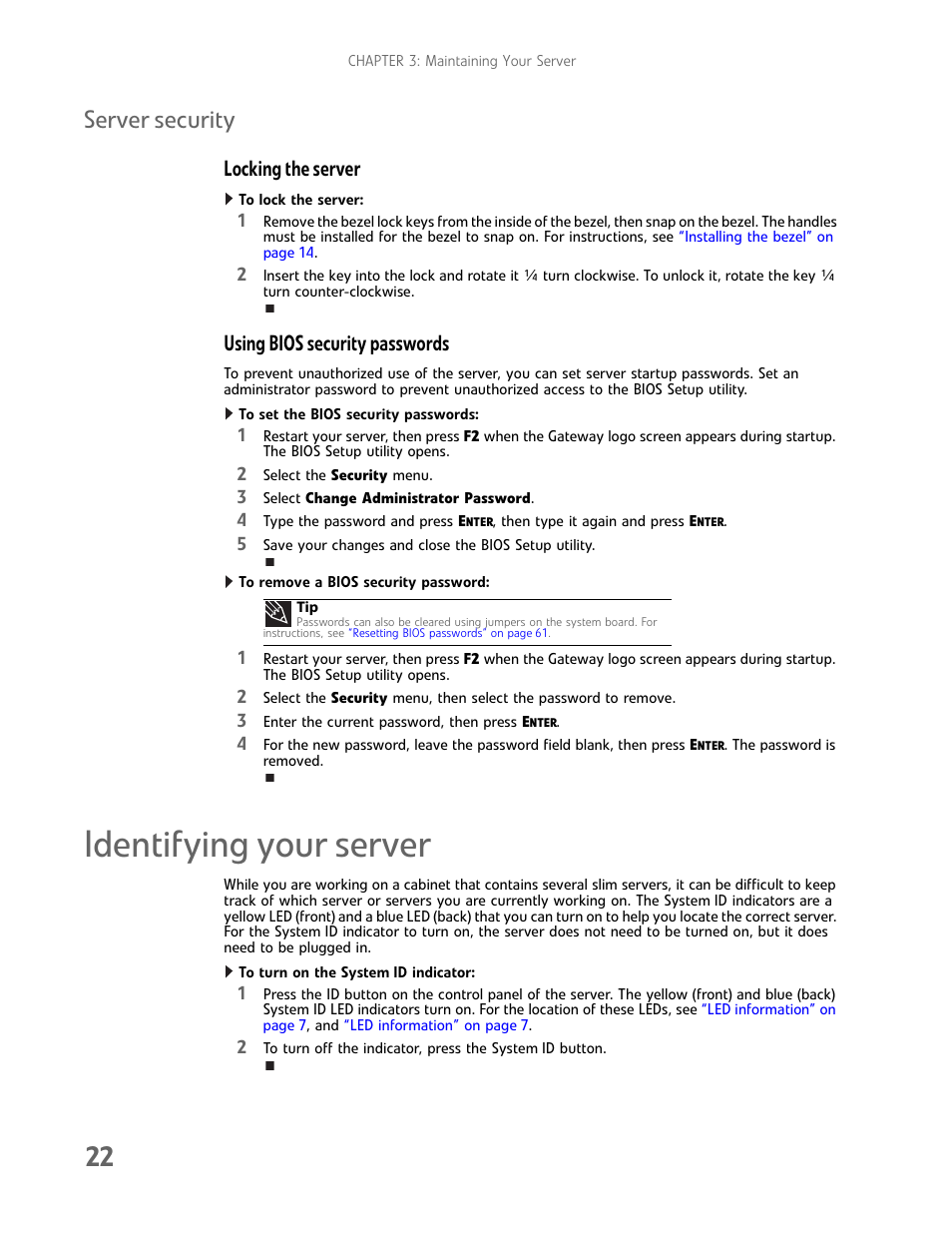 Server security, Locking the server, Using bios security passwords | Identifying your server | Gateway E-9425R User Manual | Page 28 / 118