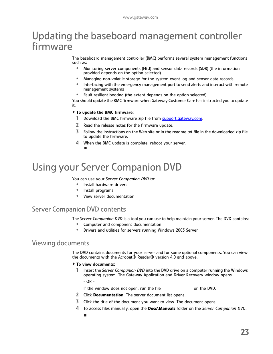 Using your server companion dvd, Server companion dvd contents, Viewing documents | Server companion dvd contents viewing documents | Gateway E-9425R User Manual | Page 29 / 118