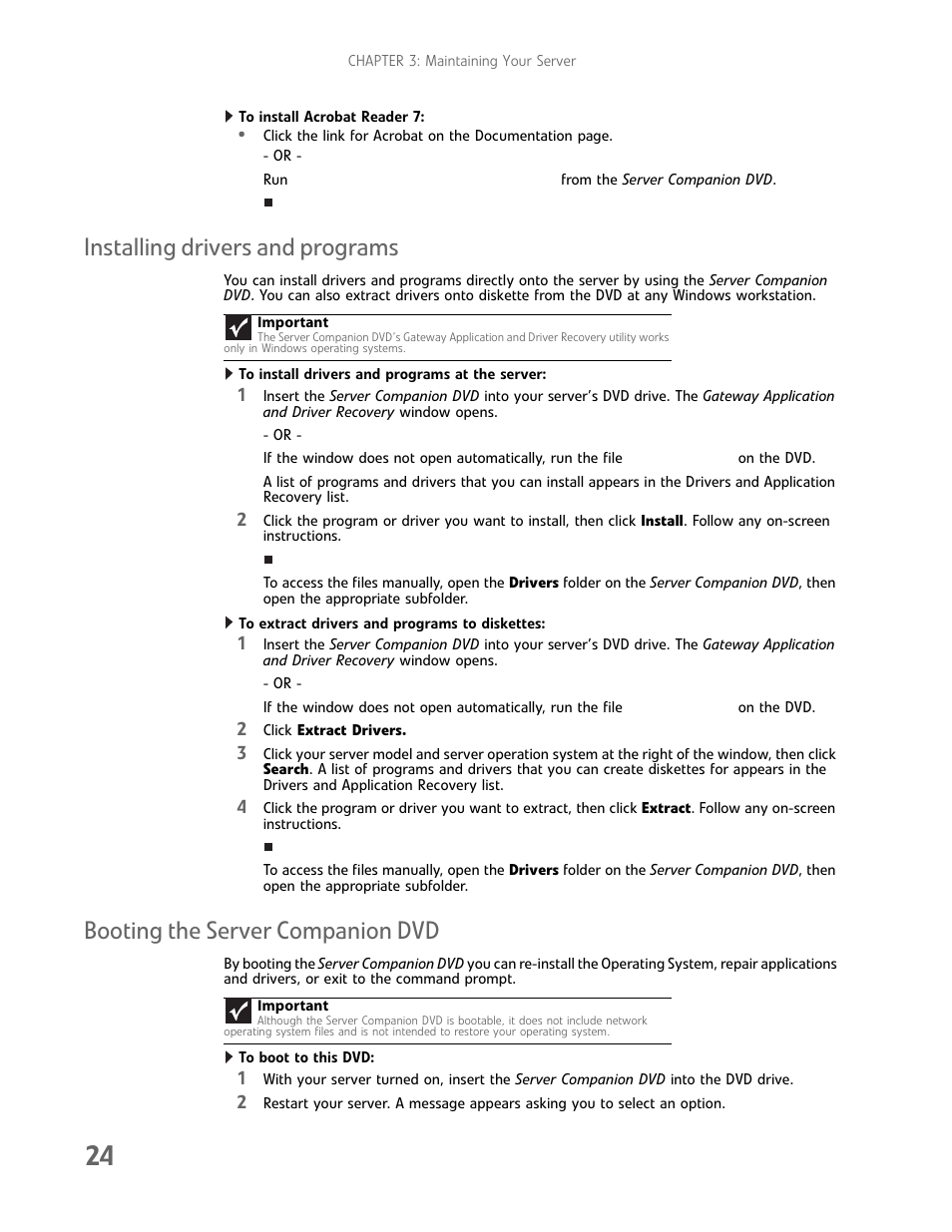 Installing drivers and programs, Booting the server companion dvd | Gateway E-9425R User Manual | Page 30 / 118