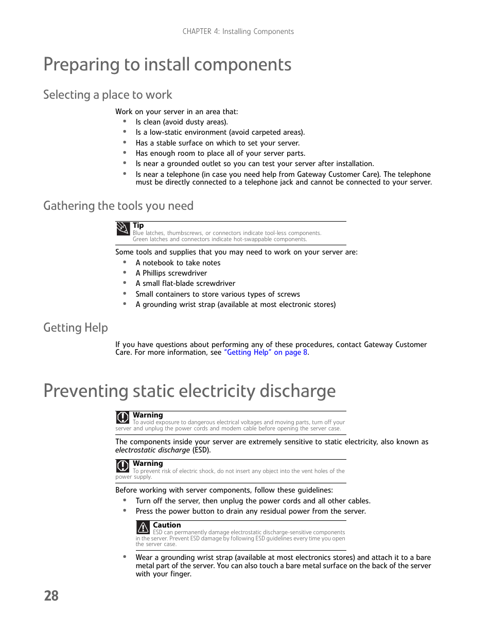 Preparing to install components, Selecting a place to work, Gathering the tools you need | Getting help, Preventing static electricity discharge | Gateway E-9425R User Manual | Page 34 / 118