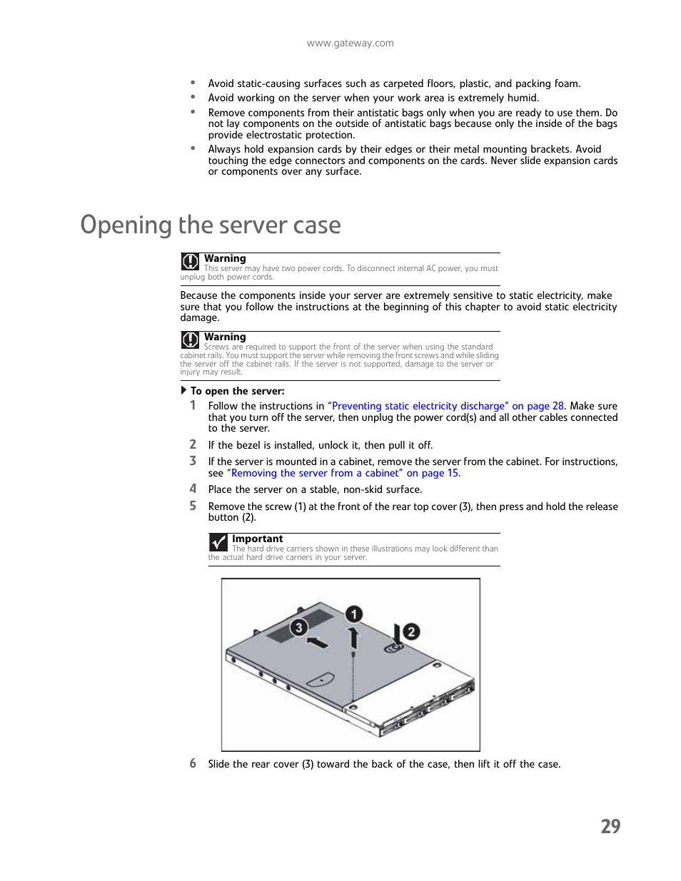 Opening the server case | Gateway E-9425R User Manual | Page 35 / 118