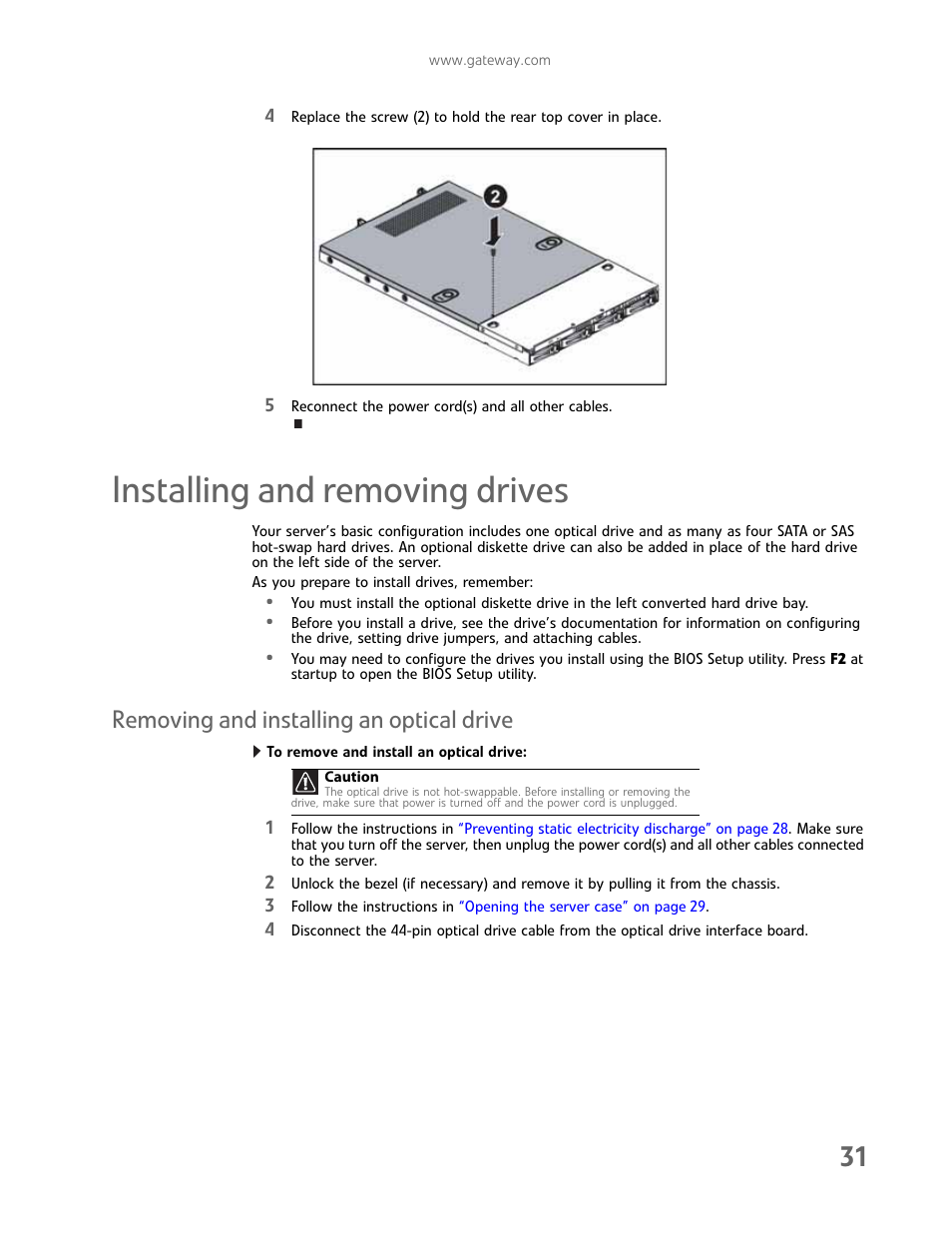 Installing and removing drives, Removing and installing an optical drive | Gateway E-9425R User Manual | Page 37 / 118