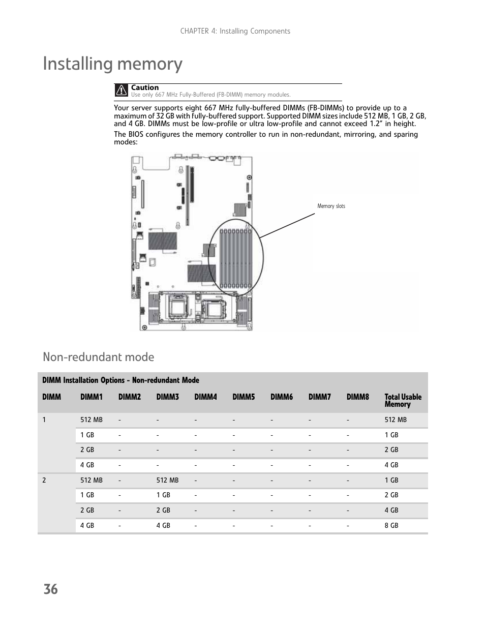 Installing memory, Non-redundant mode | Gateway E-9425R User Manual | Page 42 / 118