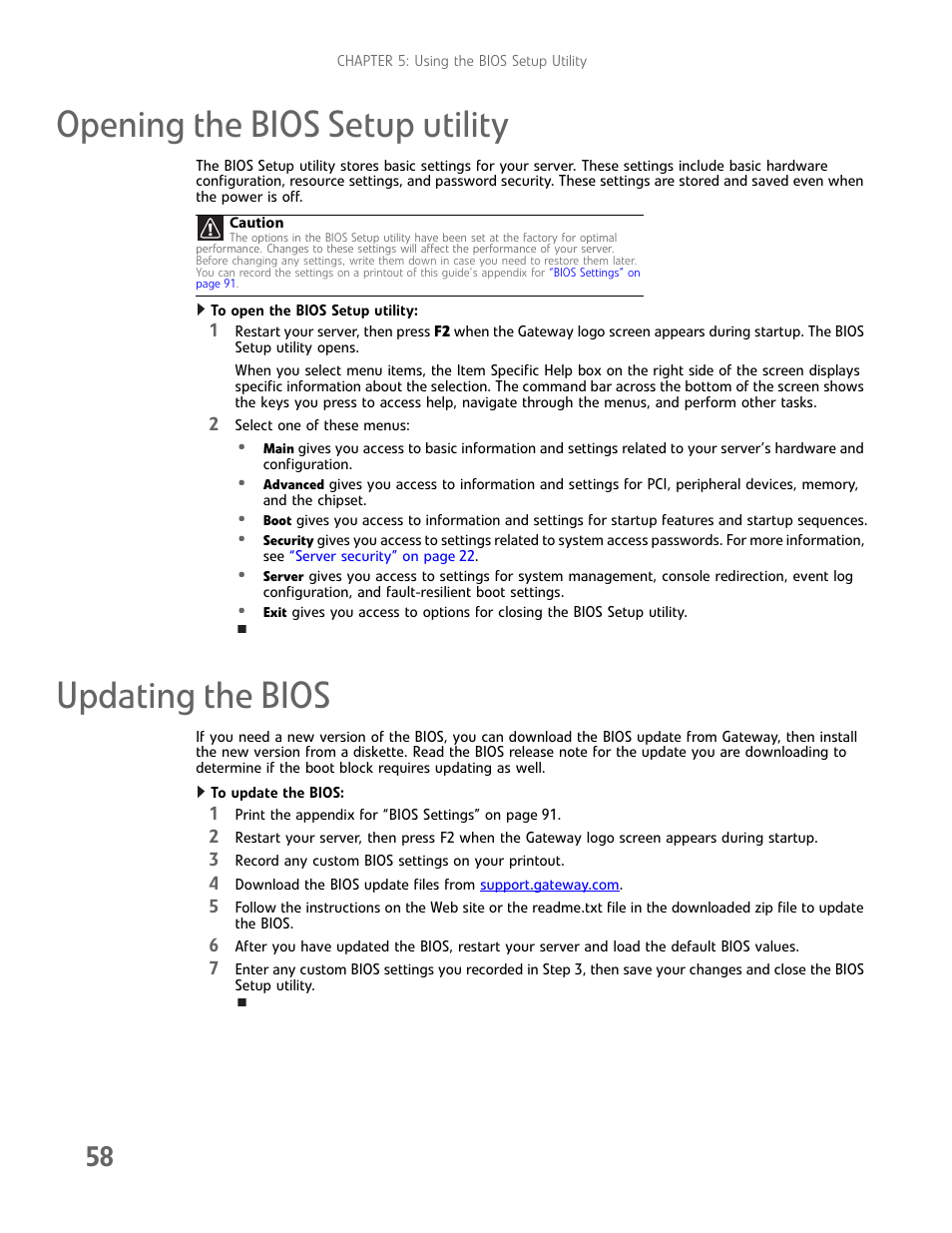 Opening the bios setup utility, Updating the bios, Opening the bios setup utility updating the bios | Gateway E-9425R User Manual | Page 64 / 118