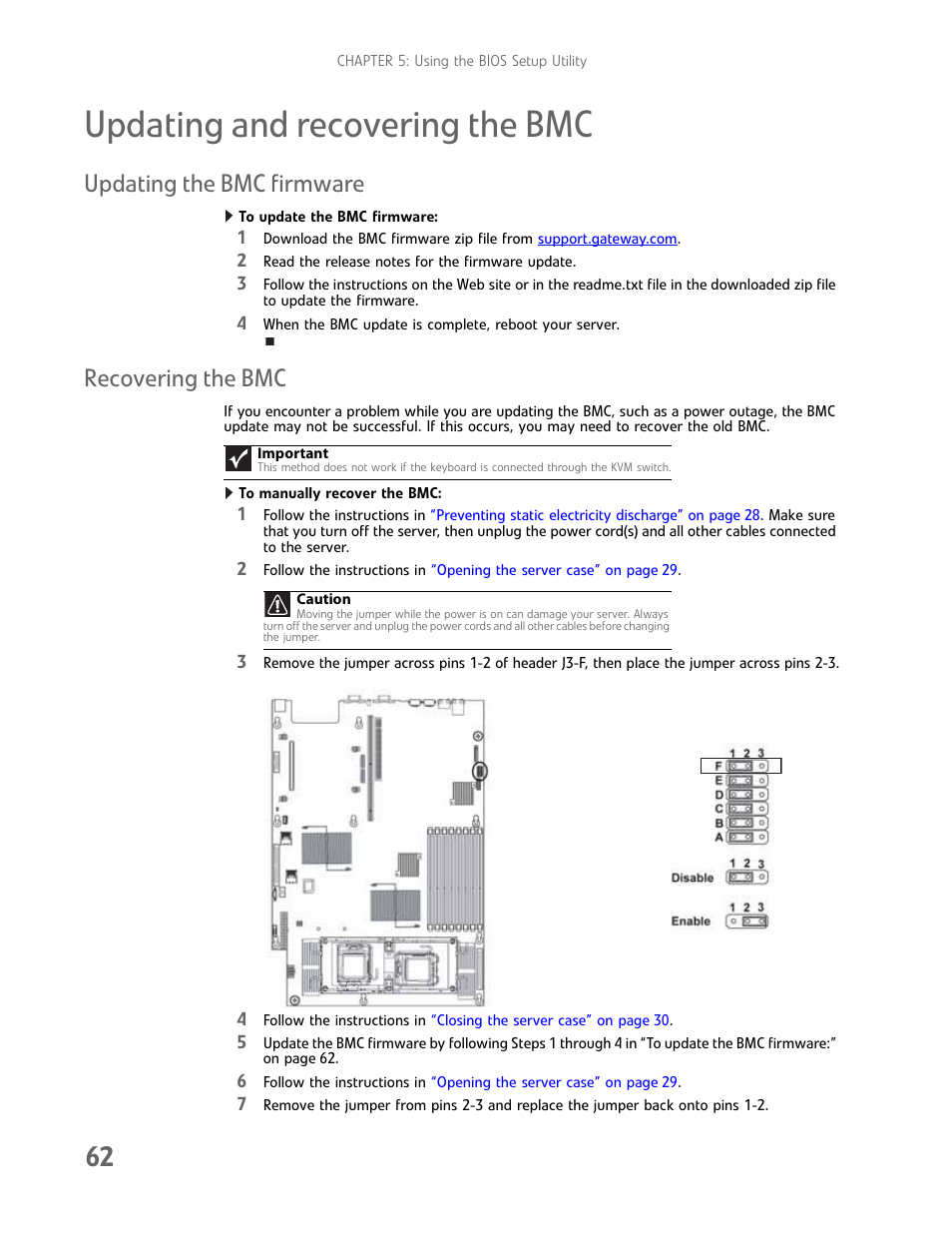 Updating and recovering the bmc, Updating the bmc firmware, Recovering the bmc | Updating the bmc firmware recovering the bmc | Gateway E-9425R User Manual | Page 68 / 118