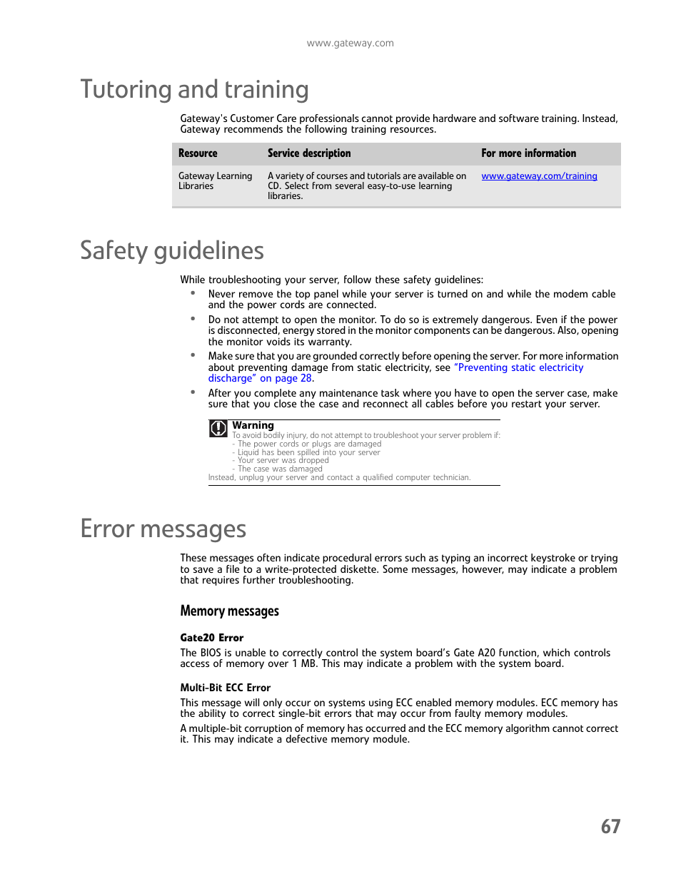 Tutoring and training, Safety guidelines, Error messages | Memory messages | Gateway E-9425R User Manual | Page 73 / 118