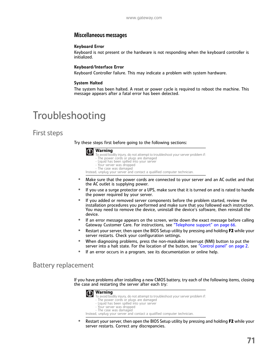 Miscellaneous messages, Troubleshooting, First steps | Battery replacement, First steps battery replacement | Gateway E-9425R User Manual | Page 77 / 118