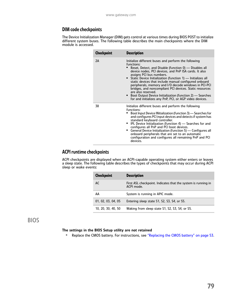 Dim code checkpoints, Acpi runtime checkpoints, Bios | Gateway E-9425R User Manual | Page 85 / 118