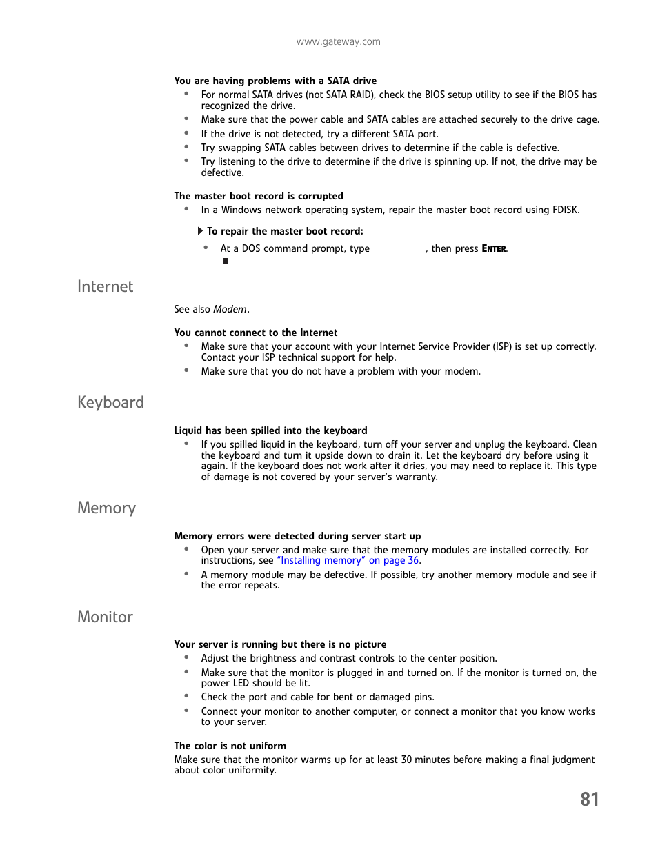 Internet, Keyboard, Memory | Monitor, Internet keyboard memory monitor | Gateway E-9425R User Manual | Page 87 / 118
