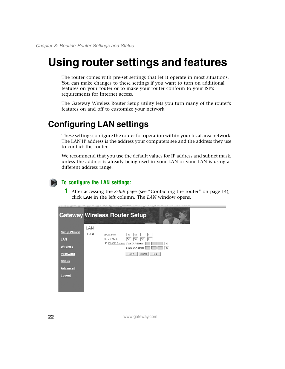 Using router settings and features, Configuring lan settings | Gateway WBR-100 User Manual | Page 25 / 90